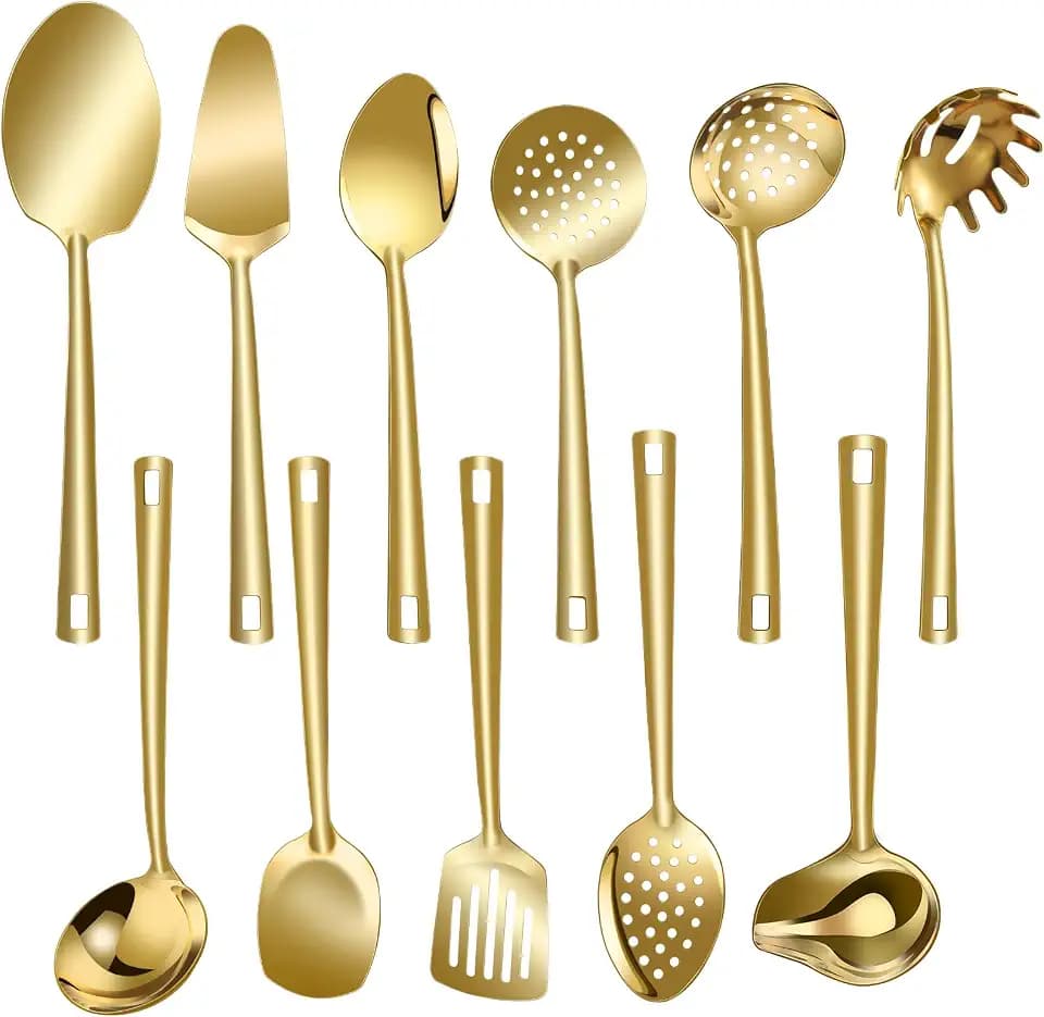 Lazycorner Cooking Utensil Set 11 Pcs Stainless Steel Kitchen Utensils Set Wok Utensils Kitchen Tool Set Spatula Set Heat Resistant Metal Kitchen Tools Ergonomic HandleEasy to Clean Dishwasher Safe