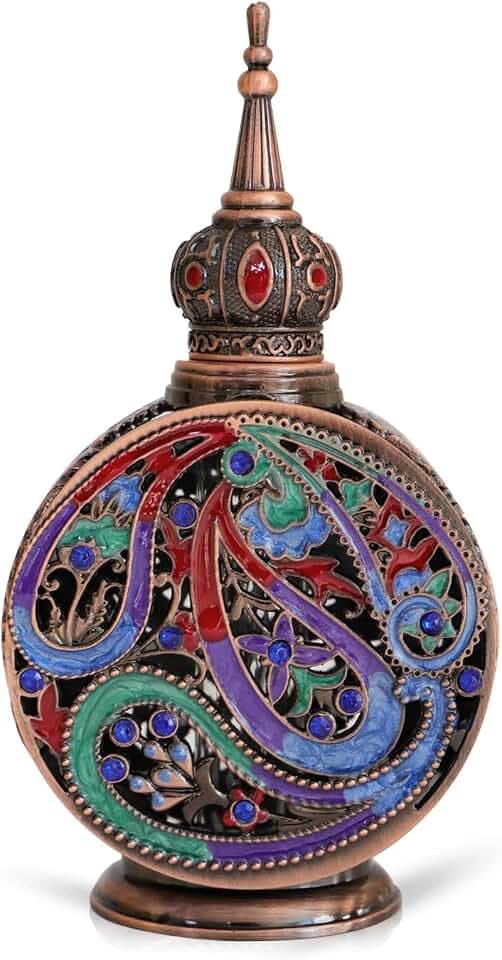 LRTJ Vintage 12ml Decorative Perfume Bottle Empty Refillable Egyptian Style Enameled Metal and Glass Perfume Bottle
