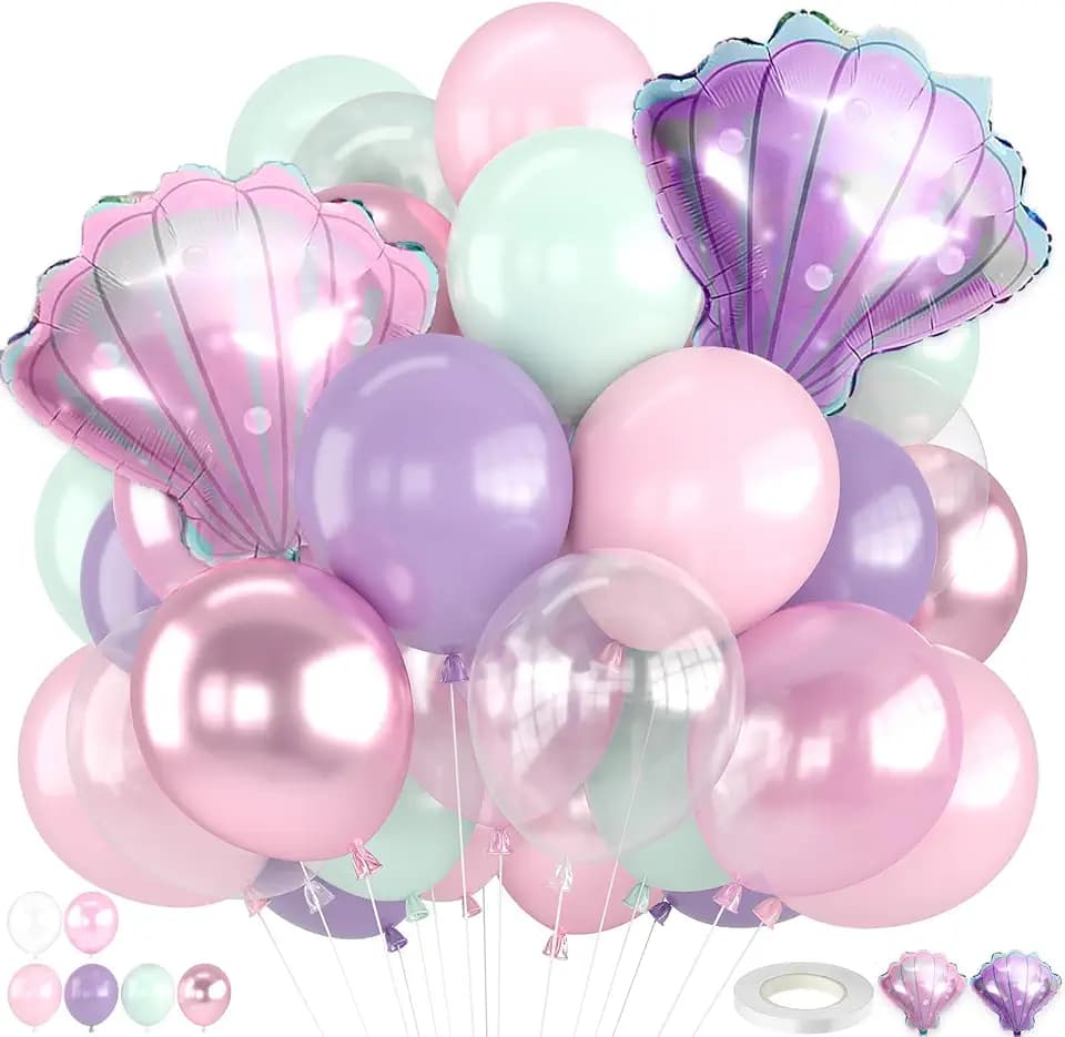 Mermaid Balloons,12 Inch Pastel Pink Purple Teal Blue Clear with Seashell Balloon for Girl Sea Theme Baby Shower Birthday Party Decorations