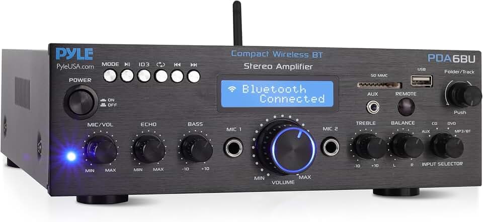 Pyle Stereo Verstärker, 2 Kanal 200W mit Bluetooth und 2 Mikrofoneingänge | Amplifier mit USB,SD,AUX,FM, Bass, Höhen, Balance, Echo, Hallregelung, inkl. Fernbedienung, Ideal für Karaoke, Musik zu Hause