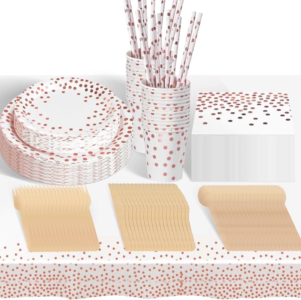 hailstones 226 Stück Weißes Roségold Pappteller Besteck Set, Einwegteller ​Papier Geschirr Set mit Gabeln, Messer, Löffel, Teller, Becher, 25 Gäste Partygeschirr Set für Geburtstag, Hochzeiten