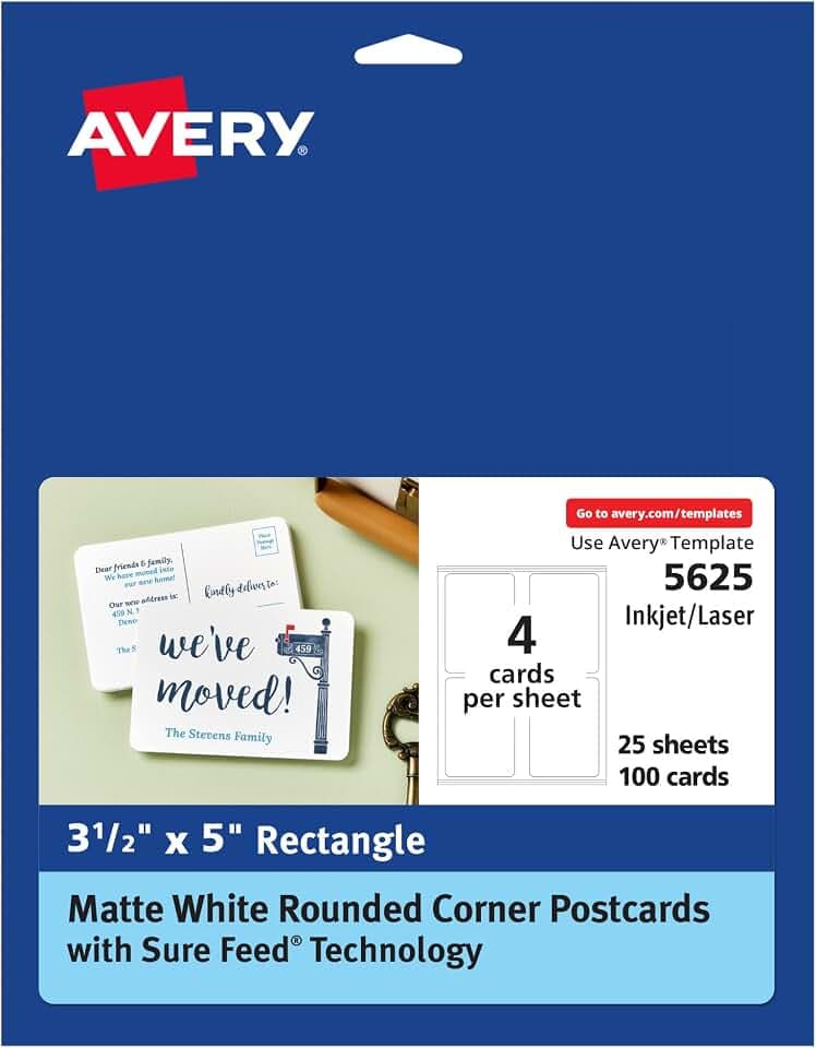 Avery® Postcards with Rounded Corners and Sure Feed® Technology, 3.5" x 5", Matte White, 100 Total, Laser/Inkjet Printable Cards (5625)