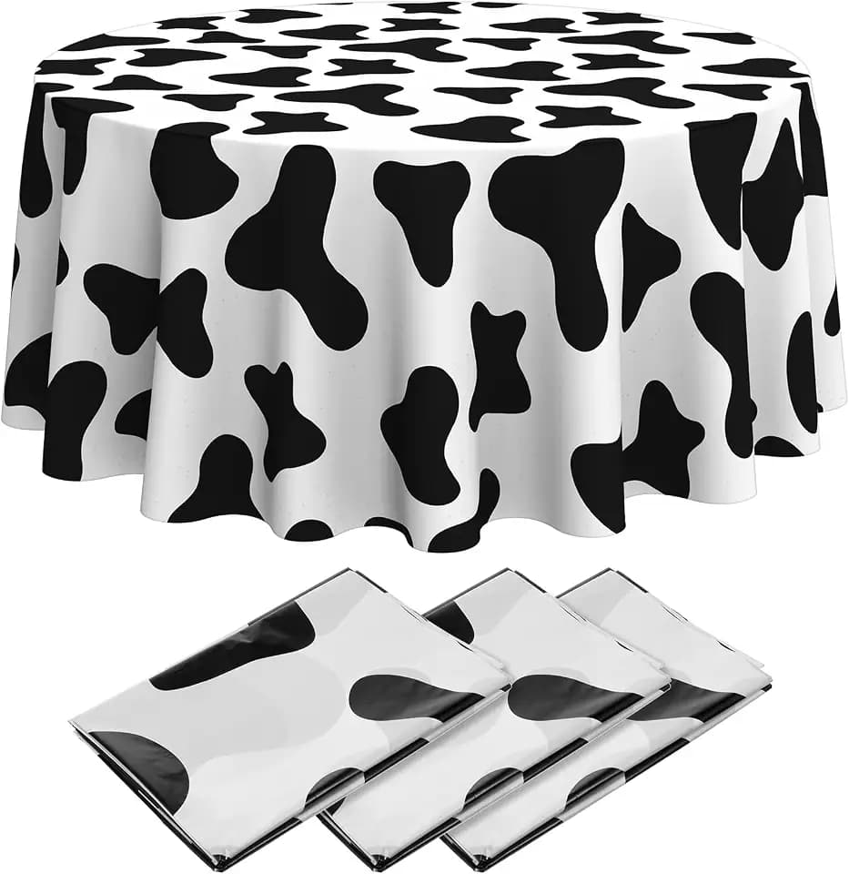 Remagr 3 Pcs Cow Tablecloth Round Print Table Cloths Plastic,84'' Disposable Cow Themed Table Cover for Farm Animal Birthday Party,Picnic,Farmhouse Dining Supplies (Black White)