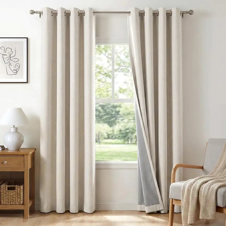 100% Blackout Linen Curtains 72 Inch Long 2 Panels Set, Beige