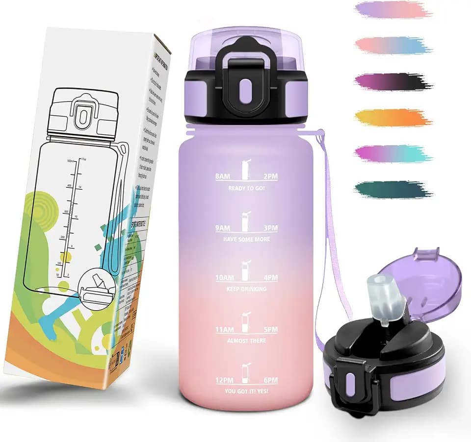 Trinkflasche, Zeitanreiz, Trinkflasche Kinder 500ML BPA-Frei, Wasserflasche Kohlensäure Geeignet, Wasserflasche mit Strohhalm, Auslaufsicher, Sportflasche für Joggen, Schule, Büro, Party
