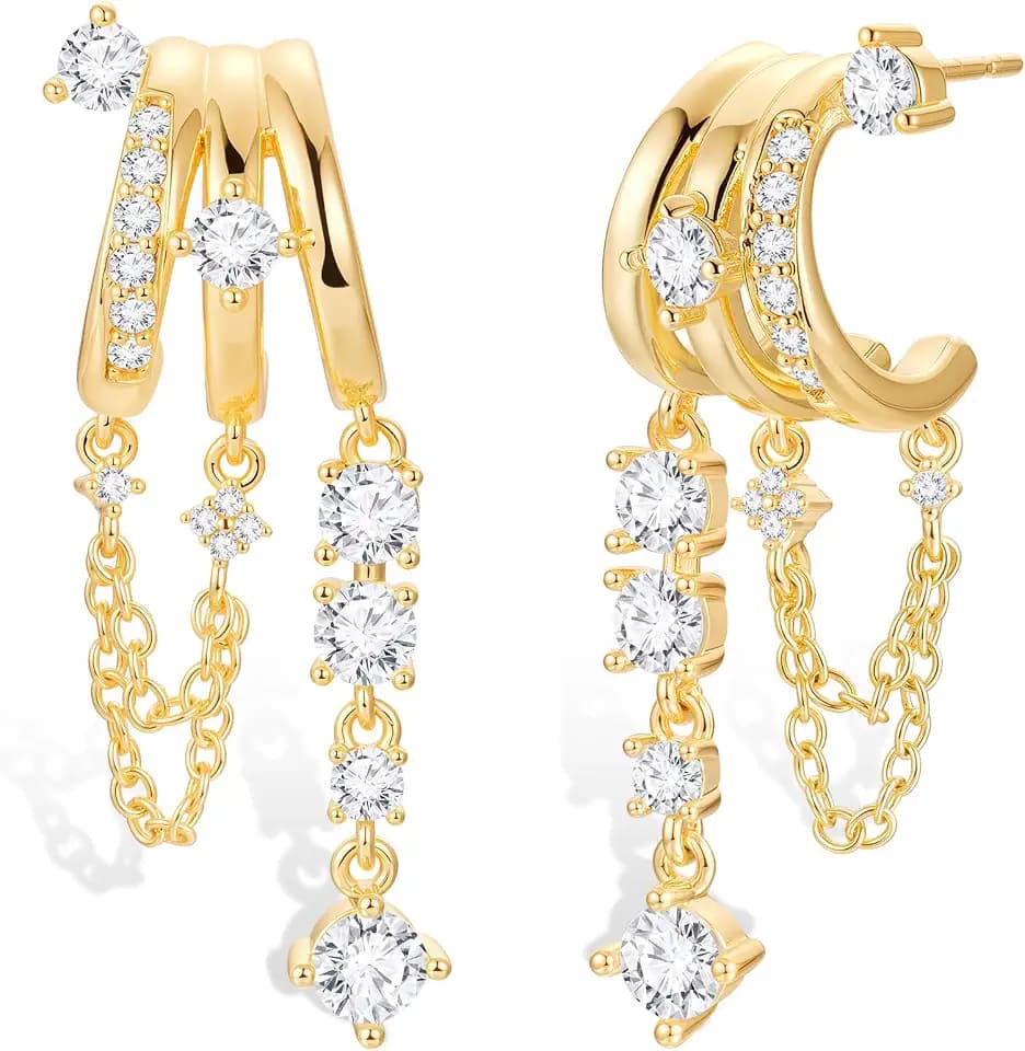 Triple Huggie Earrings for Women,Gold Silver Dangle Illusion Stack Earring