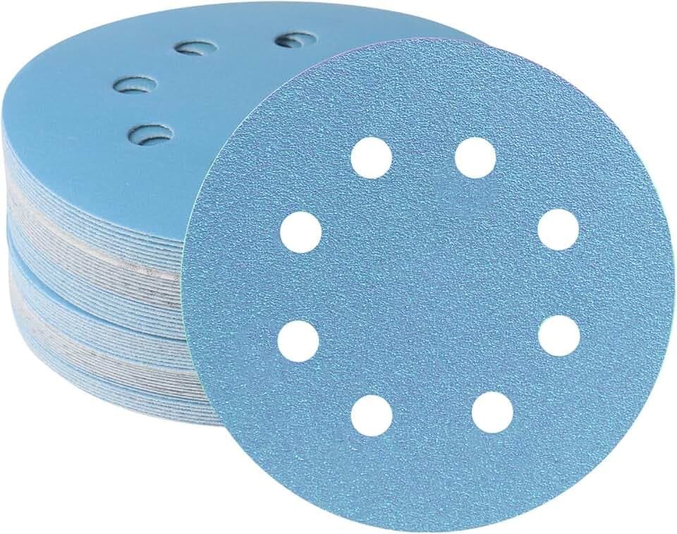 50 Stück 125 mm Schleifscheiben, Körnung 60, Klett-Schleifscheibe, 12,7 cm, 8 Löcher, blaue Keramik-Schleifscheiben, staubfrei und langlebig, Exzenterschleifscheiben für Automobil- und Holzbearbeitung