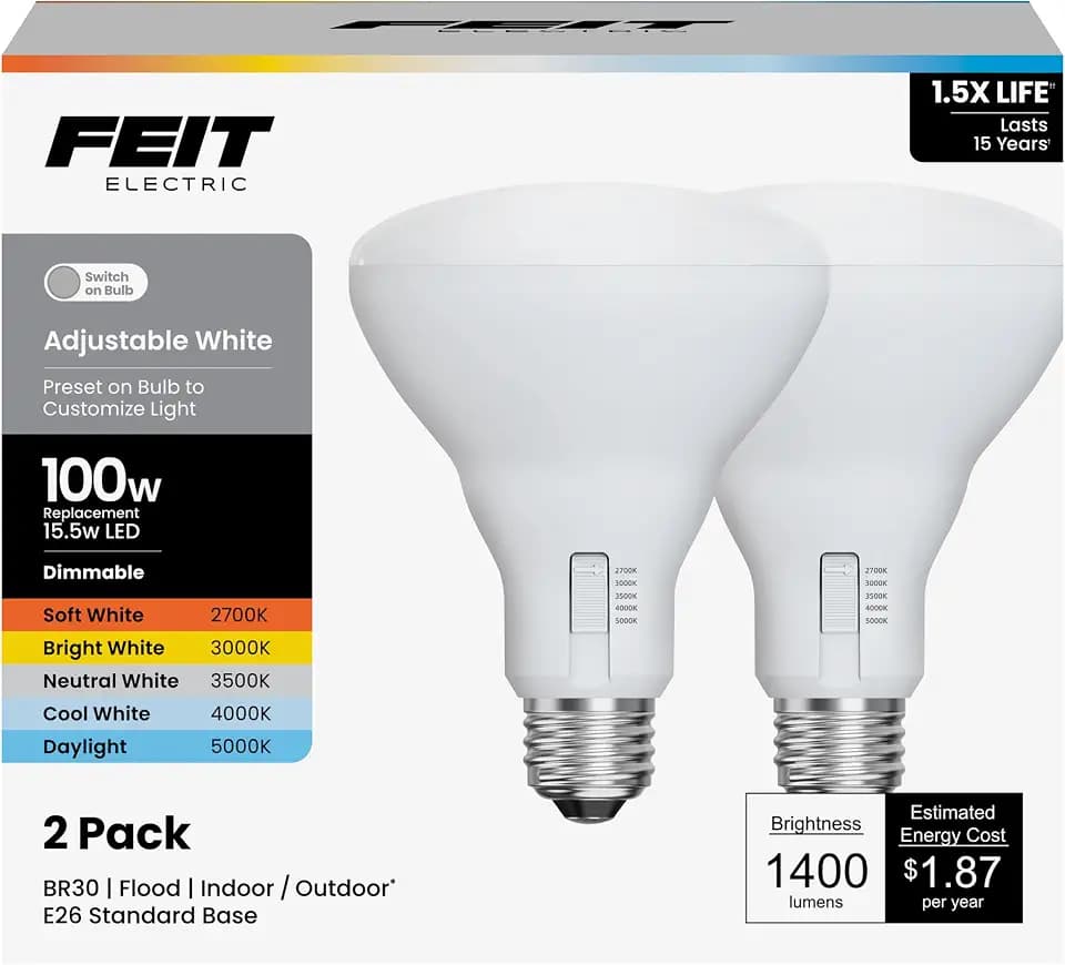 Feit Electric BR30 LED Light Bulb 5CCT Dimmable - 100W Equivalent 2 Pack