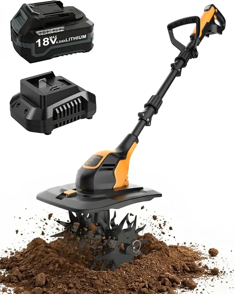 Battery Operated Cordless Tiller for Gardening with 4.0Ah Battery & Charger