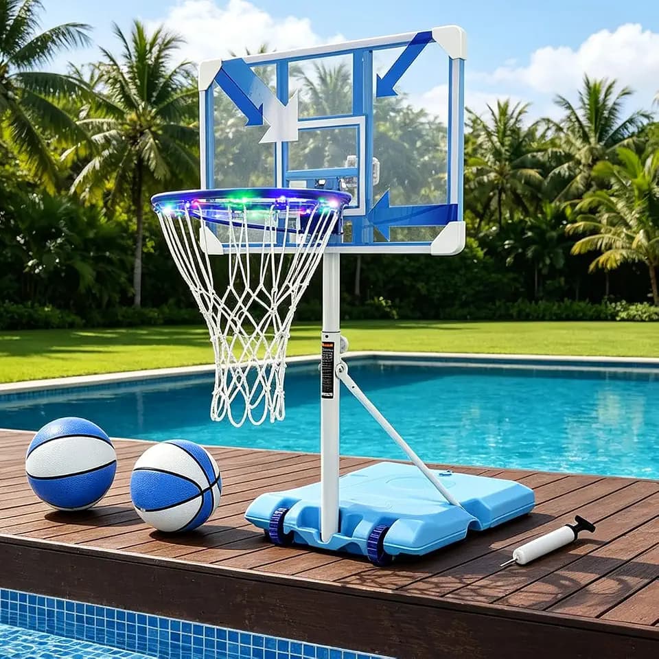 Pool Basketball Hoop Poolside,Portable Height Adjustable Basketball Goal with Wheels & Rust-Proof Coating LED Lighted Rim,2 Basketballs and Pump,Great for Pool,Indoor & Outdoor Court