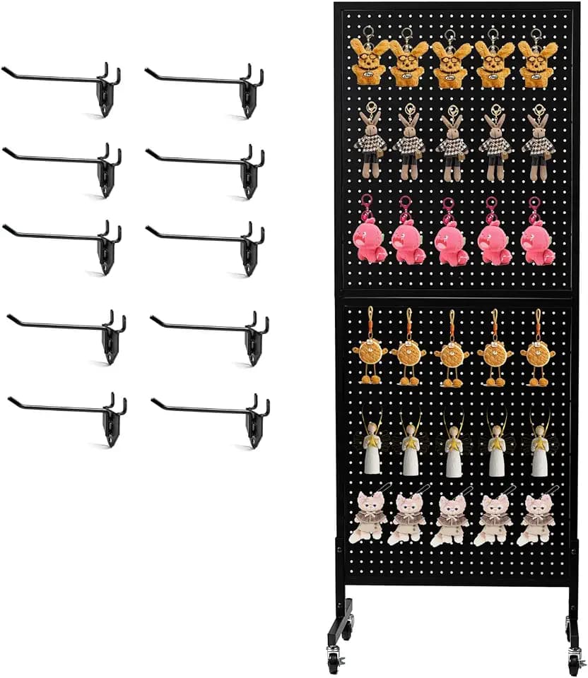 Metal peg Board(with T-Base) Rolling Pegboard Display(with Casters),Standing,23.62"X 63.78"Extra 10 Pieces Hooks,Suitable for Trade Shows,Supermarket,Retail Stores,Warehouses,Black
