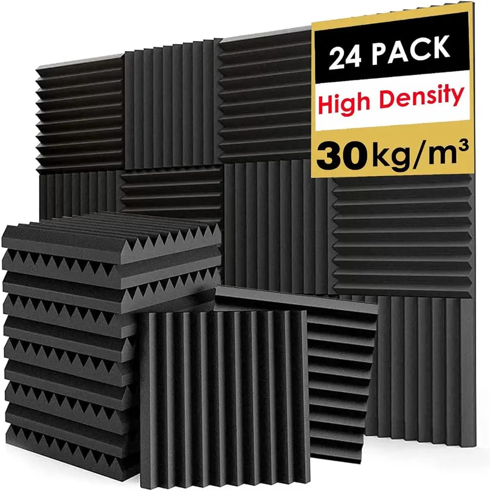 FONESO Acoustic Foam Panels, Sound Proof Foam Panels for Walls, High Desnsity Studio Soundproofing Wedges - Fire Resistant & Noise Absorbing for Studio, Office, Home (Black, 1"x12"x12" 24Pack)