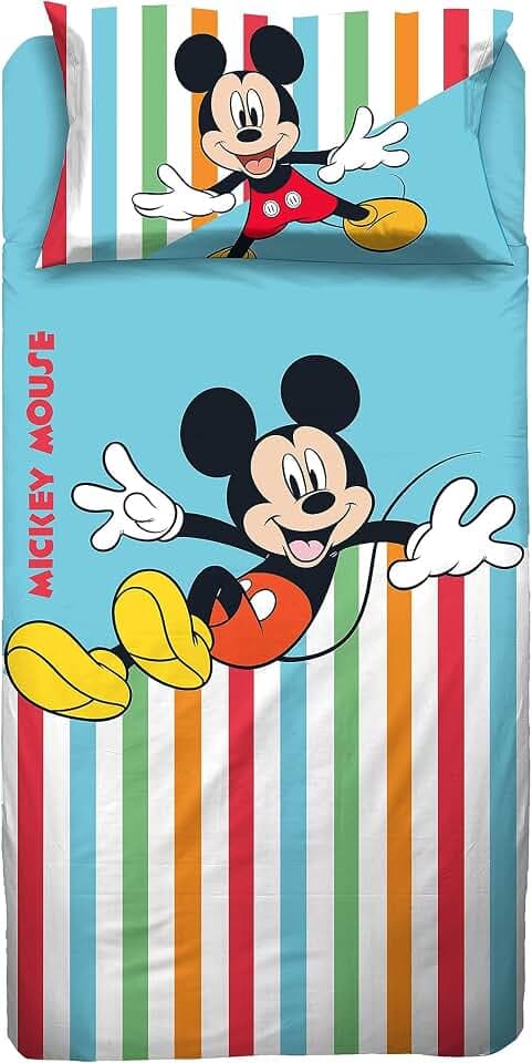 Mickey Mouse Mickey Mouse, Einzelbett-Bettlaken, Spannbettlaken, Kissenbezug, Blau, Disney, 100% Baumwolle, offizielles Produkt