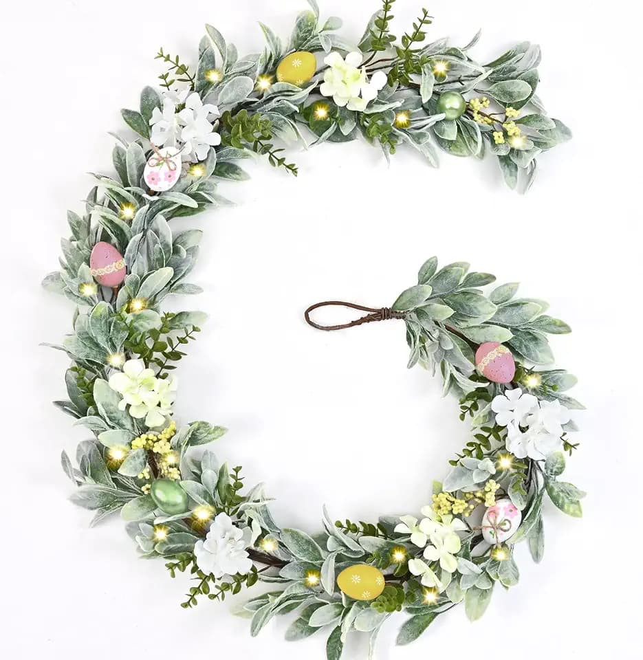 Waipfaru 2Pcs Easter Egg Garland with Lights, 6Ft Spring Garland for Mantle, Easter Table Mantel Decorations, Flower Vine with Lambs Ear for Stairs Fireplace Tree Home Decor