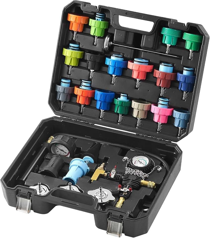 VEVOR 28 pcs Universal Radiator Pressure Tester Kit, Coolant Pressure Tester Kit with Manual Pump and Color-Coded Test Caps, Coolant Vacuum Refill kit for Cars Motorcycles Trucks Cooling System