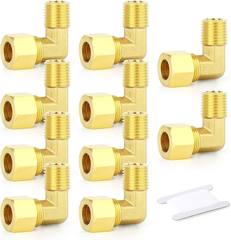 GASHER 10PCS Brass 90 Degree Elbow Compression Tube Pipe Fitting Connector, 3/8" Tube OD x 1/4" NPT Male Connector