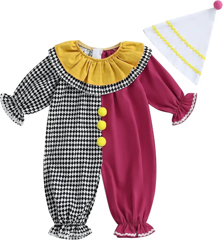 Amiblvowa Kids Toddler Baby Clown Costume Long Sleeve Romper Jumpsuit Halloween Circus Cosplay Cos Outfit Little Girls Boys