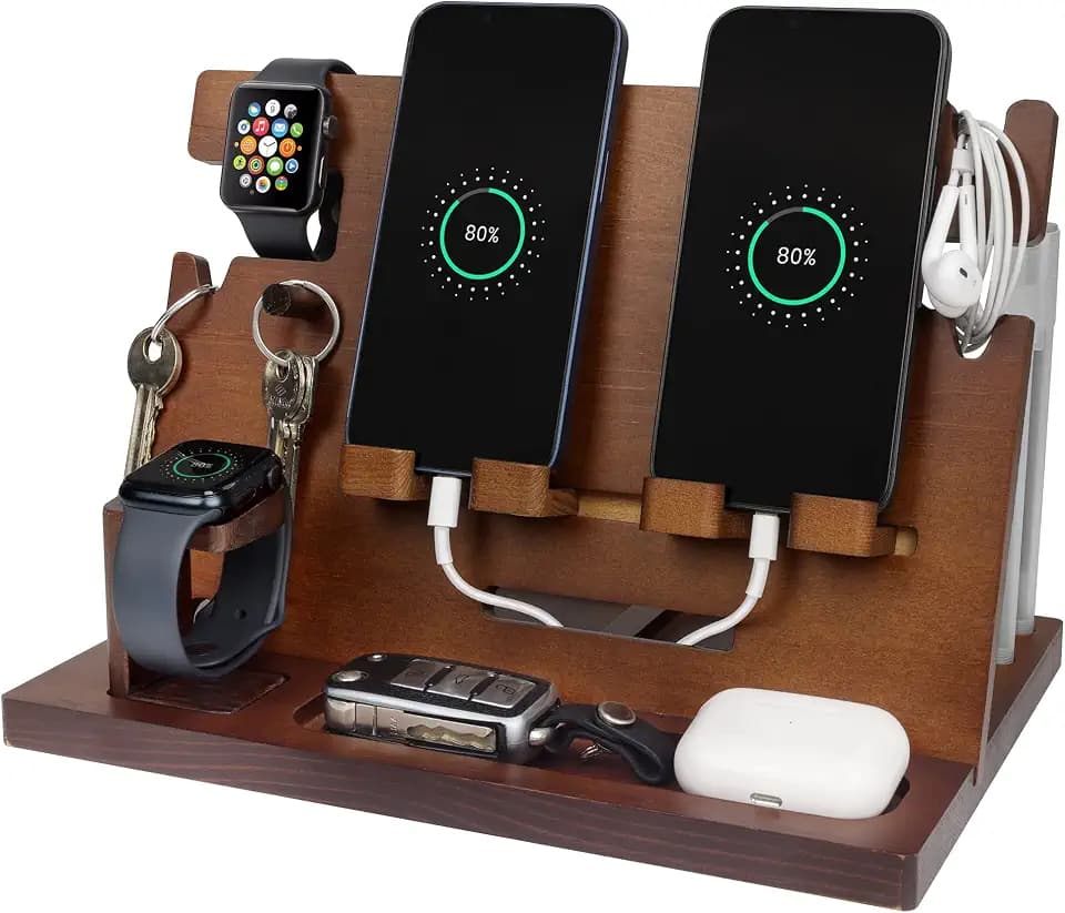 Geschenke für Männer Weihnachten Holz Telefon Dockingstation Uhren Geldbörsen Nachttisch Organizer Geburtstag Geschenk Papa, Geburtstagsgeschenke für Männer oder Vater Schreibtisch Organizer Holz