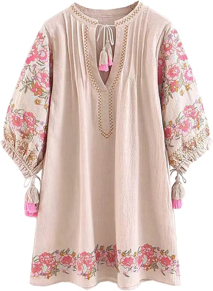 R.Vivimos Womens Boho Bestickt lässig Minikleid Dame lose Sommerkleid Strandkleid Berufung Kleid