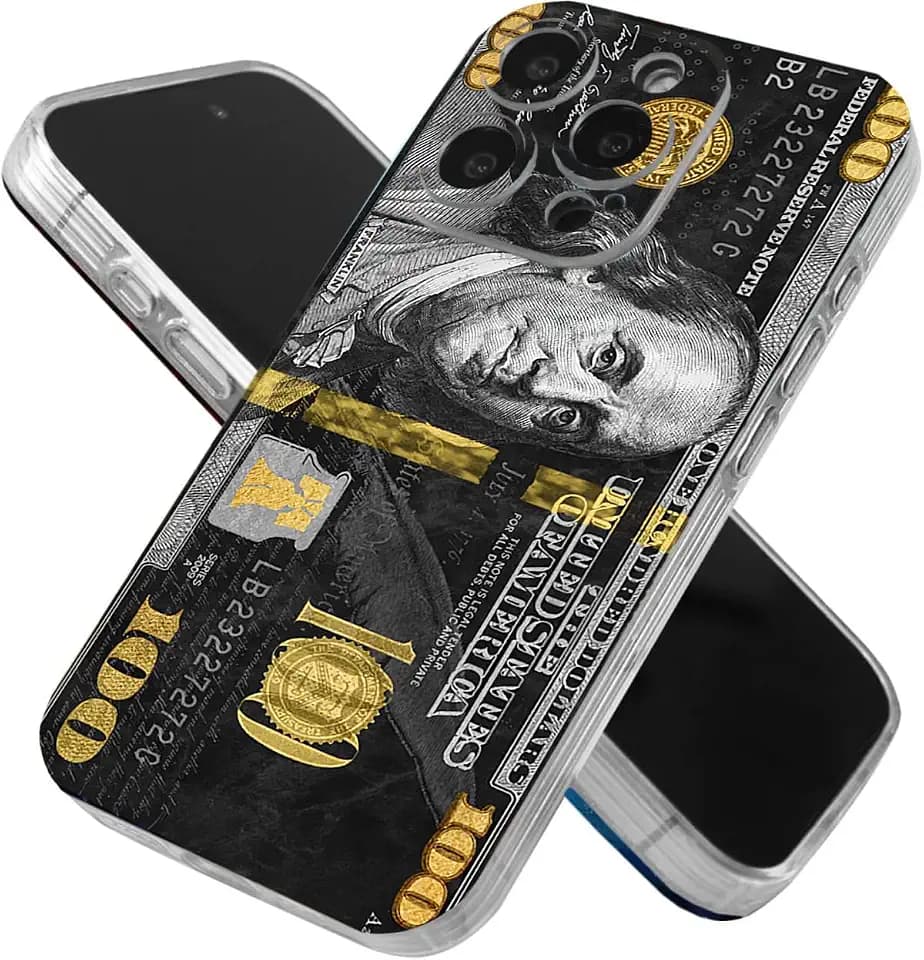 One Hundred Phone Case Compatible with iPhone 13 Money Bill 100 Dollar Black Gold Soft Silicone Phone Shockproof Cover for Men Women