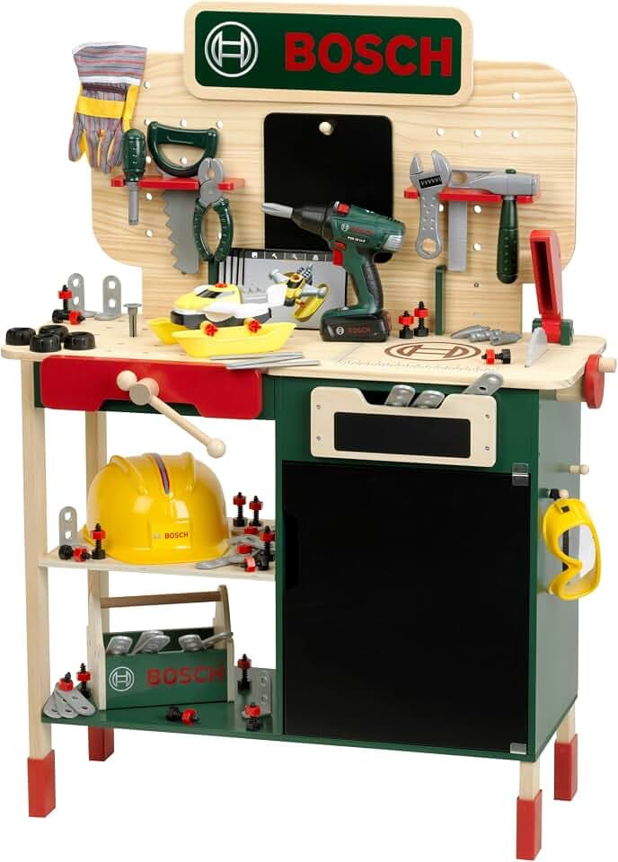 Theo Klein 8734 Bosch Holzwerkbank I Robuste Kinderwerkbank, höhenverstellbar I Elektr. Akkuschrauber, Werkzeuge mit Licht und Sound I Spielzeug für Kinder ab 3 Jahren