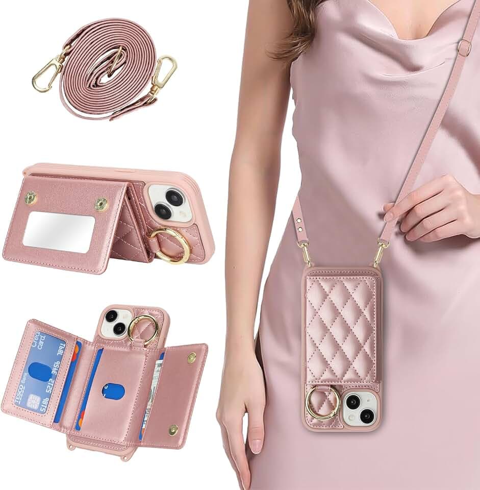 for iPhone 15 Case with Card Holder and Strap, Dark Rose Gold