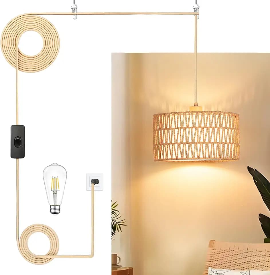 Qingmiao Boho Plug in Pendant Light, Handwoven Shade, 3 Way Bulb, 14ft Cord