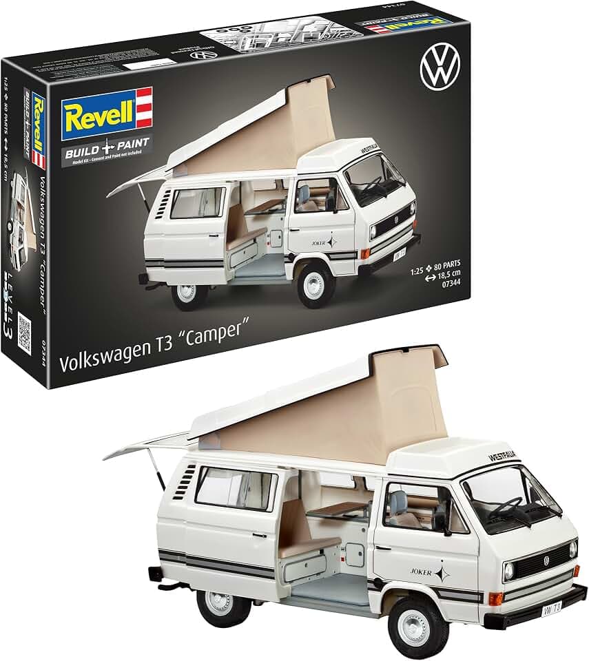Revell Modellbausatz VW T3 Bulli Camper 1:25 I Detaillierte Nachbildung des ikonischen VW Busses I Präzise Details und originalgetreue Karosserie I Level 3 für EIN umfassendes BAU-Erlebnis