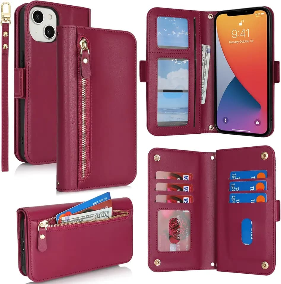 for iPhone 14/13 Phone Case with RFID Blocking Card Holder for Women Men,Phone Case Wallet for iPhone 13/14 with Wrist Strap,PU Leather Zipper Pocket Credit Card Slots Flip Cover,Dark Red
