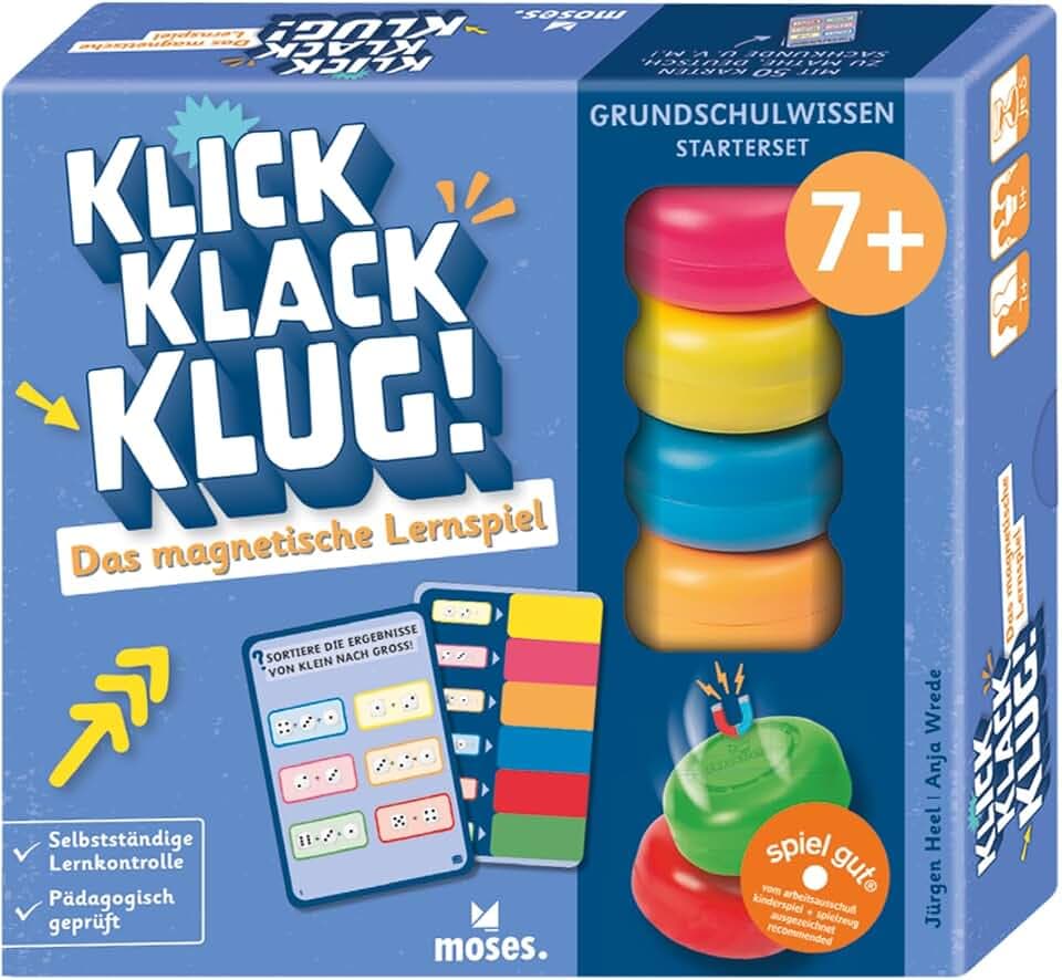 Moses. klick Klack Klug! – Das magnetische Lernspiel für die Grundschule, Starterset mit Magnetturm, pädagogisch geprüftes Spiel, für Kinder ab 7 Jahren, Blau, Grün, Gelb