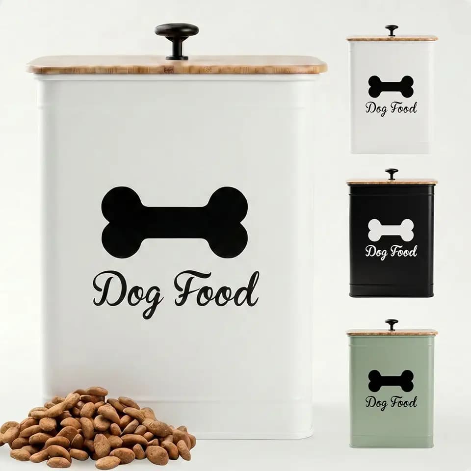 Metal Dog Food Container 5-7lb, 25 Cup w/ Airtight Bamboo Lid, Metal Handle