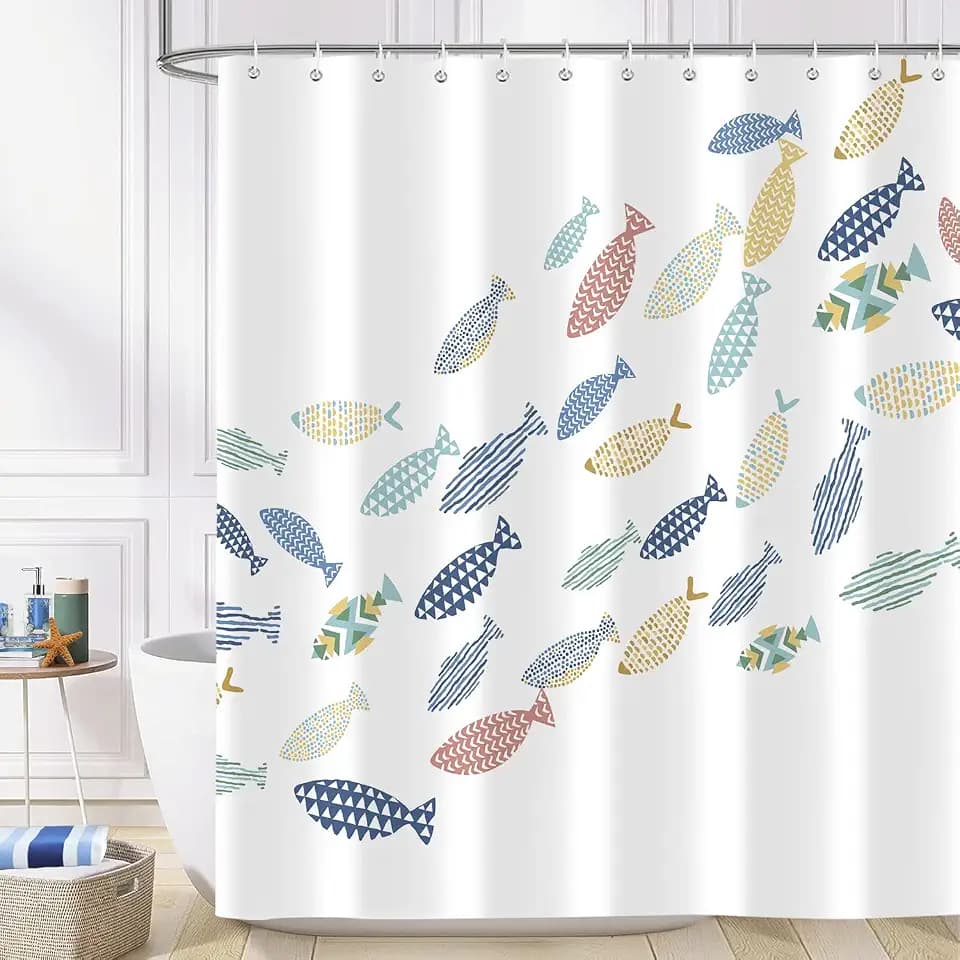 Colorful Fish Shower Curtain, Ocean Swiming Fishes Cartoon White Minimalist Shower Curtains Decor for Bathroom Set, Washable Fabric Cloth Waterproof with 12 Hooks, 72x72 Inch