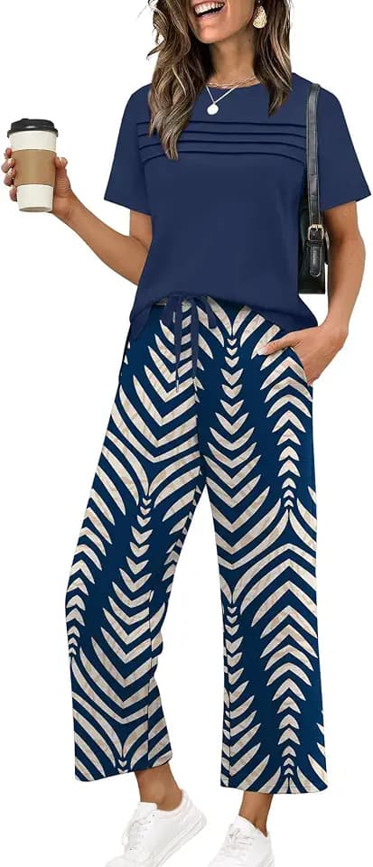 WIHOLL Two Piece Sets for Women Summer Fall Travel Vacation Outfits Short Sleeve Lounge Sets Side Slit Wide Leg Pants S-3XL