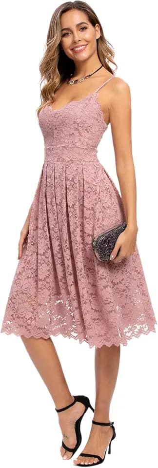 Atnlewhi Damen Vintage ärmellosen V-Ausschnitt A-Linie Kleid Blumen Knielang Spitzenkleid Brautjungfer Elegante Cocktailkleider