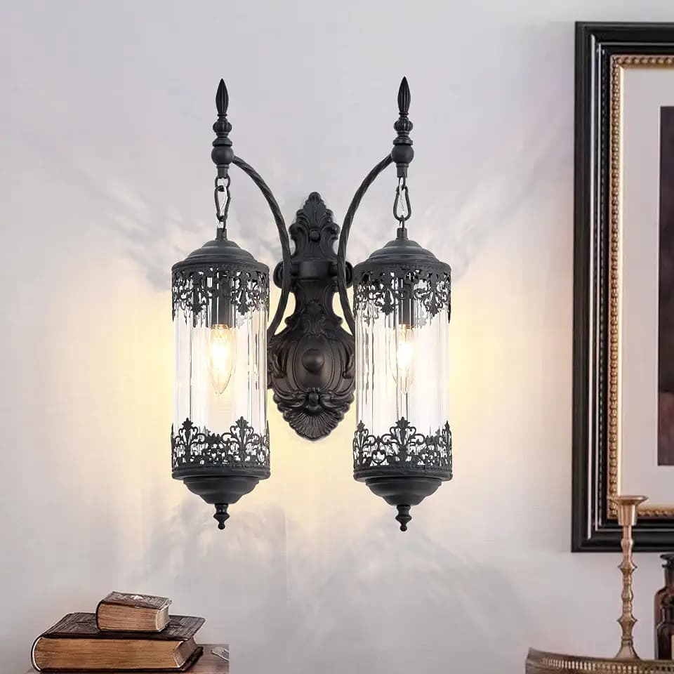 Glass Rustic Wall Sconce Vintage Antique Gothic Black Wall Light Fixture Retro Farmhouse Mid Centry Lantern Wall Sconce for Hallway, Living Room, Bedroom, Entryway, Mirror