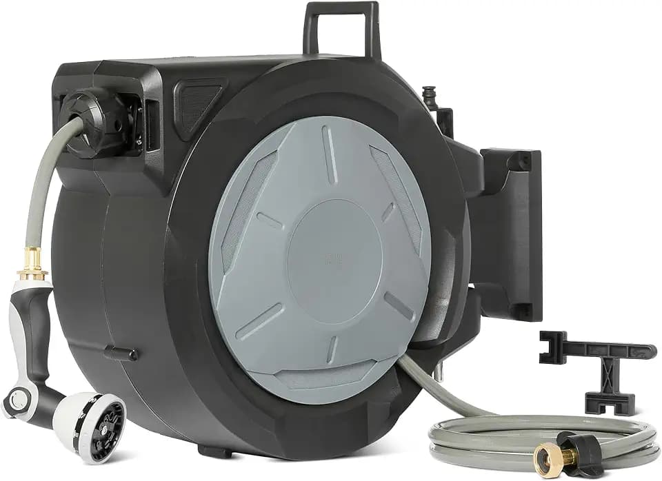Amazon Basics Retractable Garden Hose Reel, 100 Foot, Wall Mounted, 10-Pattern Spray Nozzle, 180° Swivel Bracket