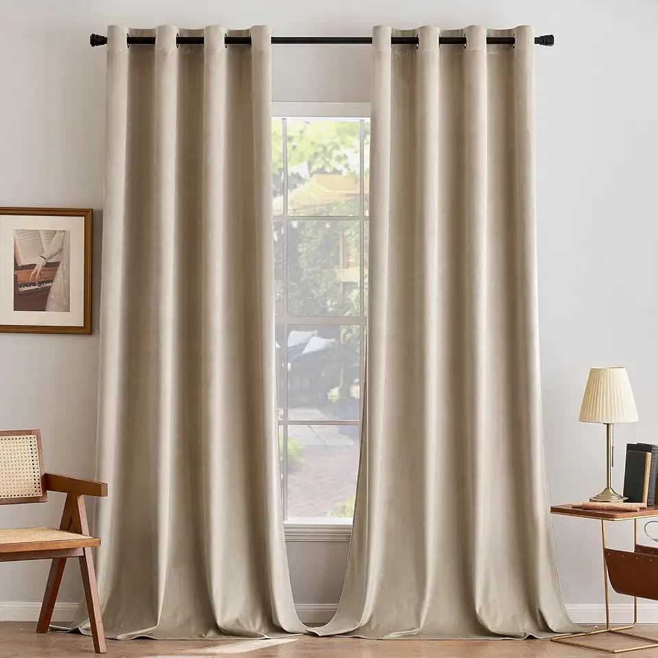 ANRODUO Camel Beige Velvet Curtains 90 Inch Length for Bedroom 2 Panels
