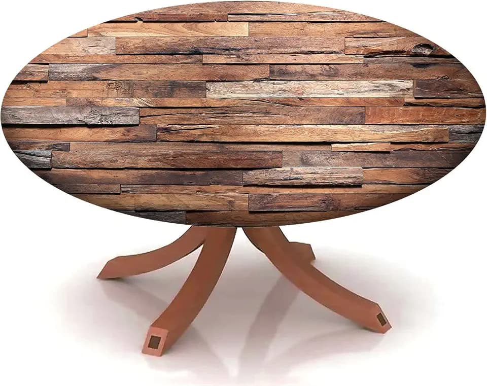 Wooden Pattern Table Cloth Cover,Elastic Edge,Suitable for Catering and Kitchen Can Wipe Dining Round Table coverr,for 17" to 21" Round Tables，Cinnamon Umber