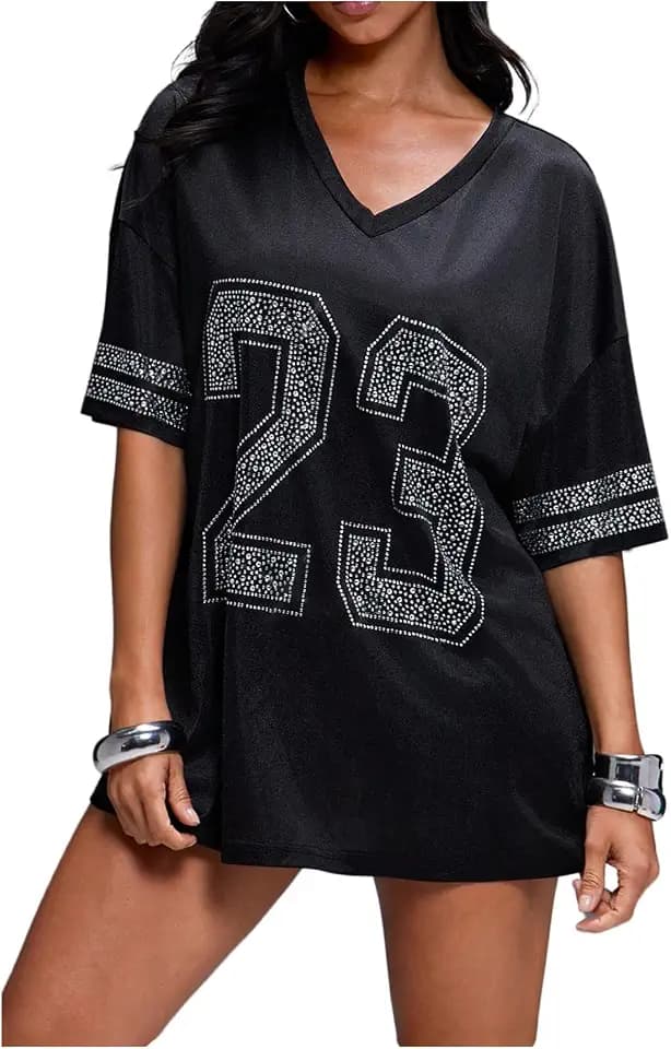 WDIRARA Women's Rhinestone Jersey Shirts Number Graphic V Neck Half Sleeve Loose Tops Streetwear