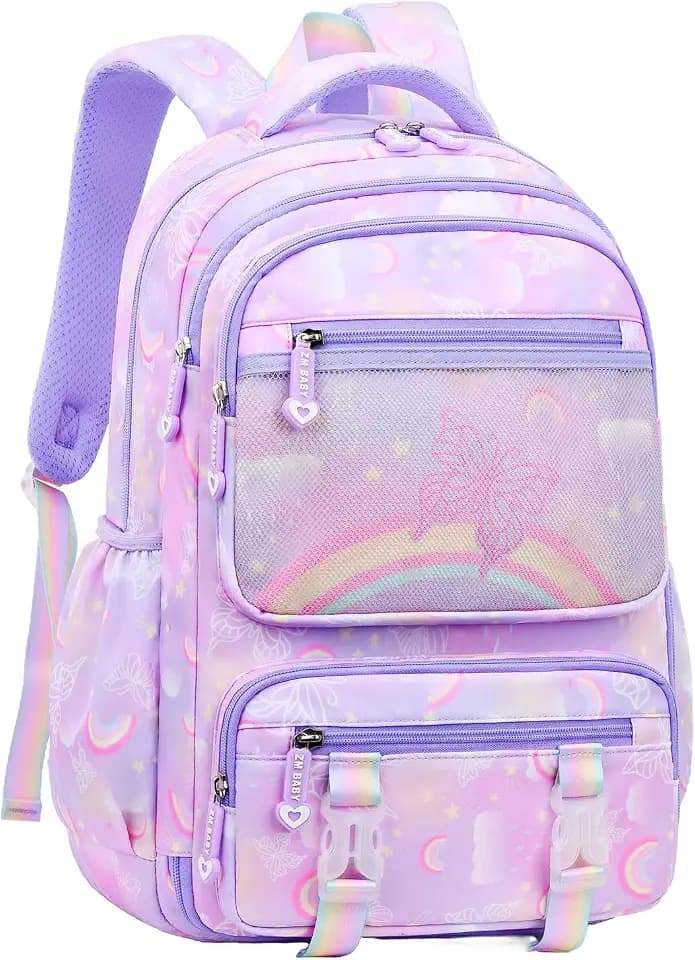 Kids Backpack for Girls Cute Rainbow Butterfly Backpacks for Teen Girls Age 8-12 Kindergarten Elementary Bookbag,Purple