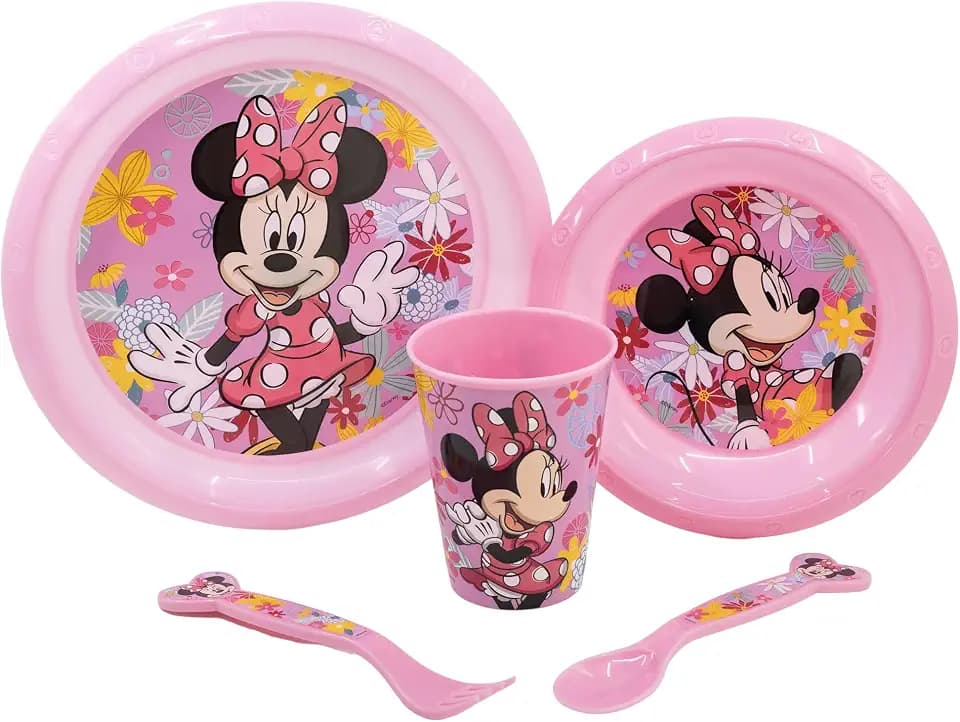 5-TEILIGES KINDERGESCHIRRSET. TELLER, SCHÜSSEL, 260ML GLAS UND BESTECK. BPA-FREI | MINNIE MOUSE MOUSE SPRING LOOK, Rose