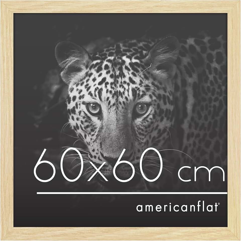 Americanflat Bilderrahmen 60x60 cm aus MDF-Holz mit bruchsicherem Plexi-Scheibe - Bilderrahmen quadratisch 60x60 mit integrierter Aufhängung für die Wand - Eiche/Natur