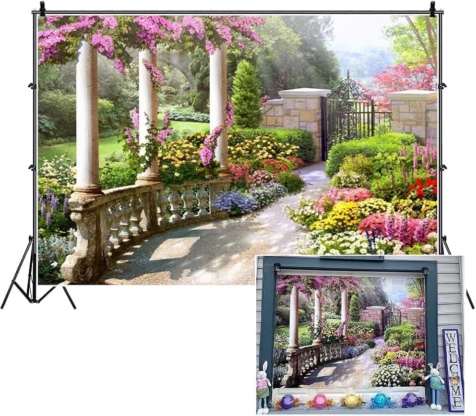 6x4ft Spring Beautiful Garden Photography Backdrop Vintage Garden Architecture Pillars Blooming Flowers Background Outdoor Wedding Portraits Photo Studio Props Wallpaper