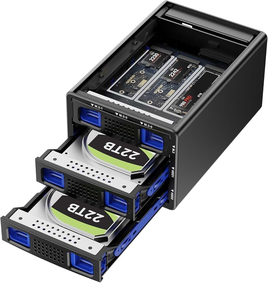 Hybrid 2*2.5/3.5" SATA HDD/SSD(Support RAID 1/0/JBOD/NORMAL)+3* M / B+M Key M.2 NVMe Enclosure with Fan, USB A/C 3.2 Gen 2, Hard Drive Enclosure Support 68TB(2*22TB HDD+3*8TB 2230/42/60/80/110 SSDs)
