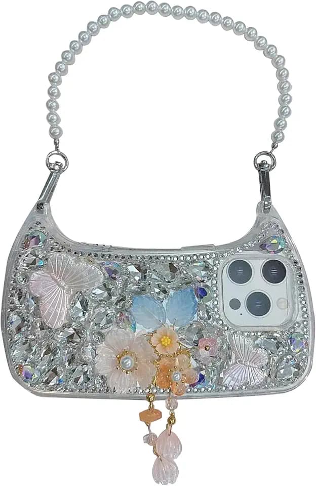iFiLOVE for iPhone 15 Case with Pearl Strap, Luxury Bling Diamond Sparkle Glitter Crystal Rhinestone Butterfly Flower Tassels Pendant Case Cover for Girls Women (Pink)