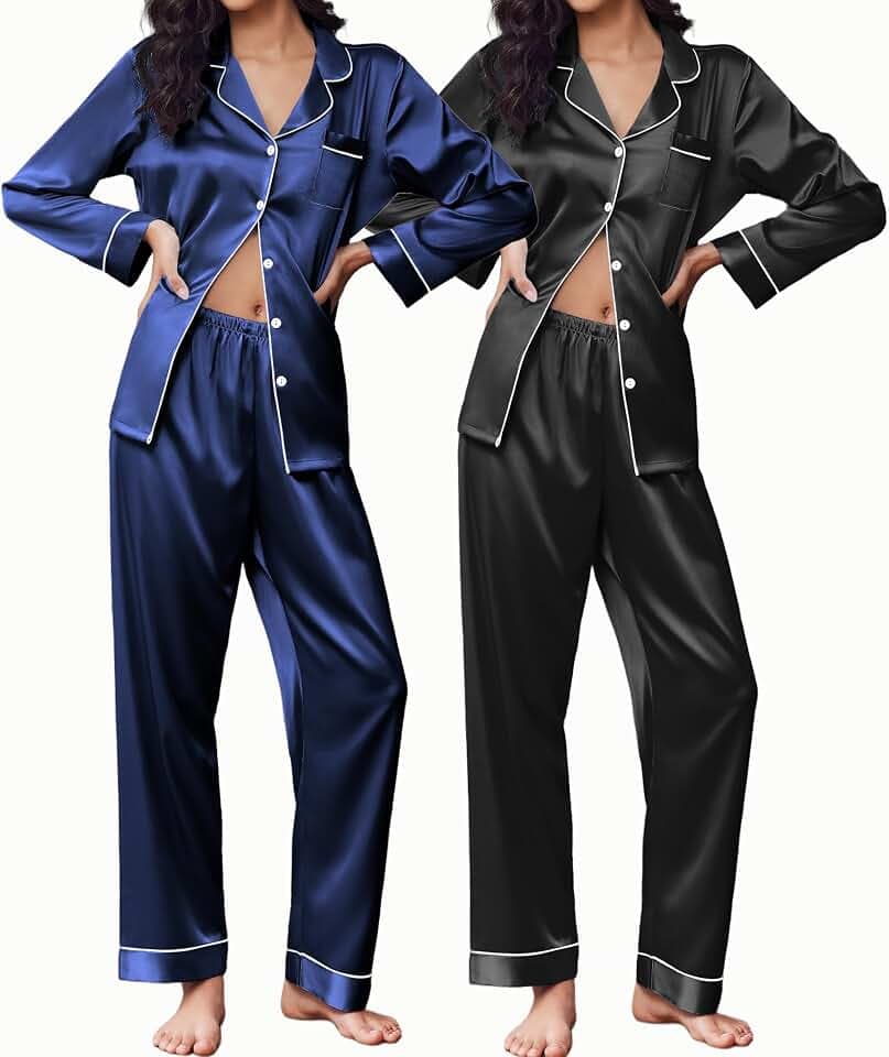 Ekouaer 2 Pack Silk Pajamas for Women Set Lounge Sets Button Up Pj Sets
