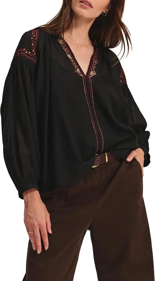 Velvet by Graham & Spencer Women's Bridget Novelty Beaded Cotton Voile Blouse