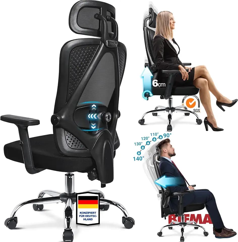 MELOKEA Bürostuhl Ergonomisch, Schreibtischstuhl mit Höhenverstellbare Rückenlehne, Verstellbare Lendenwirbelstütze, Kopfstütze und Armlehnen, Stufenlose Neigungsverstellung, Bürostühle 150kg