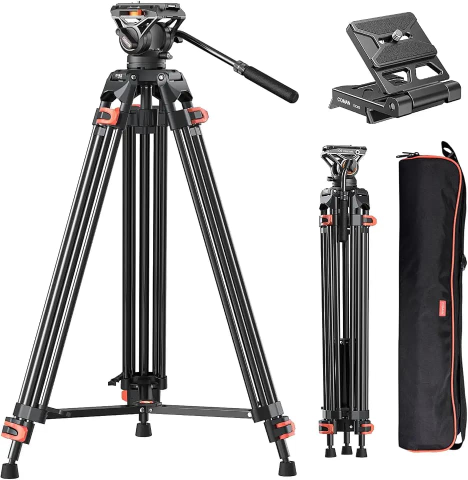 COMAN FF16LS Heavy Duty Tripod, 74" Fluid Head Video Tripod Max Load 22 lbs