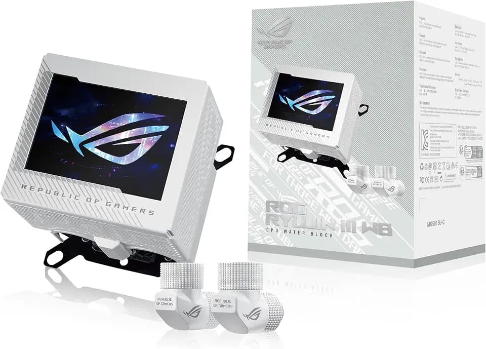 ASUS ROG RYUJIN III WB WHT CPU Water Block - Intel® LGA 1700, 1200, 115X AMD Socket AM4, AM5, Asetek Copper Cold Plate Full Color LCD Display/Embedded VRM Fan. ROG Fittings, 3 Year Warranty